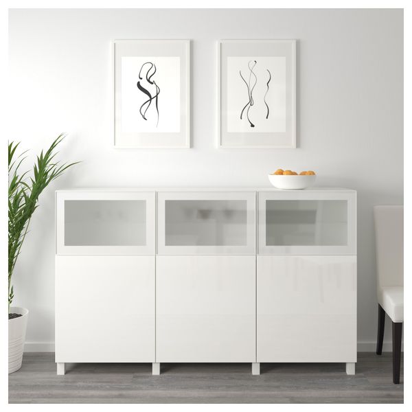 Комбинация для хранения с дверцами БЕСТО, белый Сельсвикен, Глассвик глянцевый/белый матовое стекло (180x40x112 см) - схема-чертеж с размерами