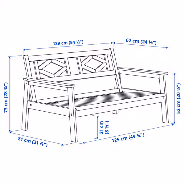 BONDHOLMEN 2-местный диван,садовый - белый/бежевый 139x81x73 см - схема-чертеж с размерами