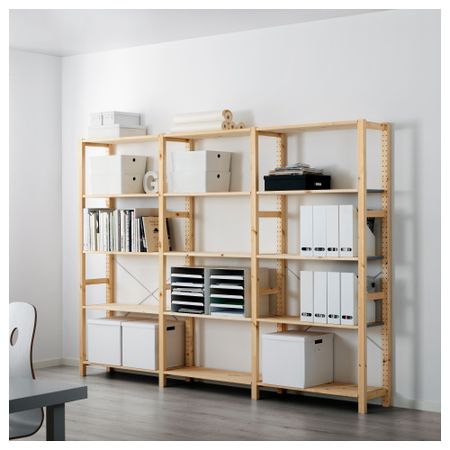 3 секции, полки ИВАР, сосна (259x30x179 см)