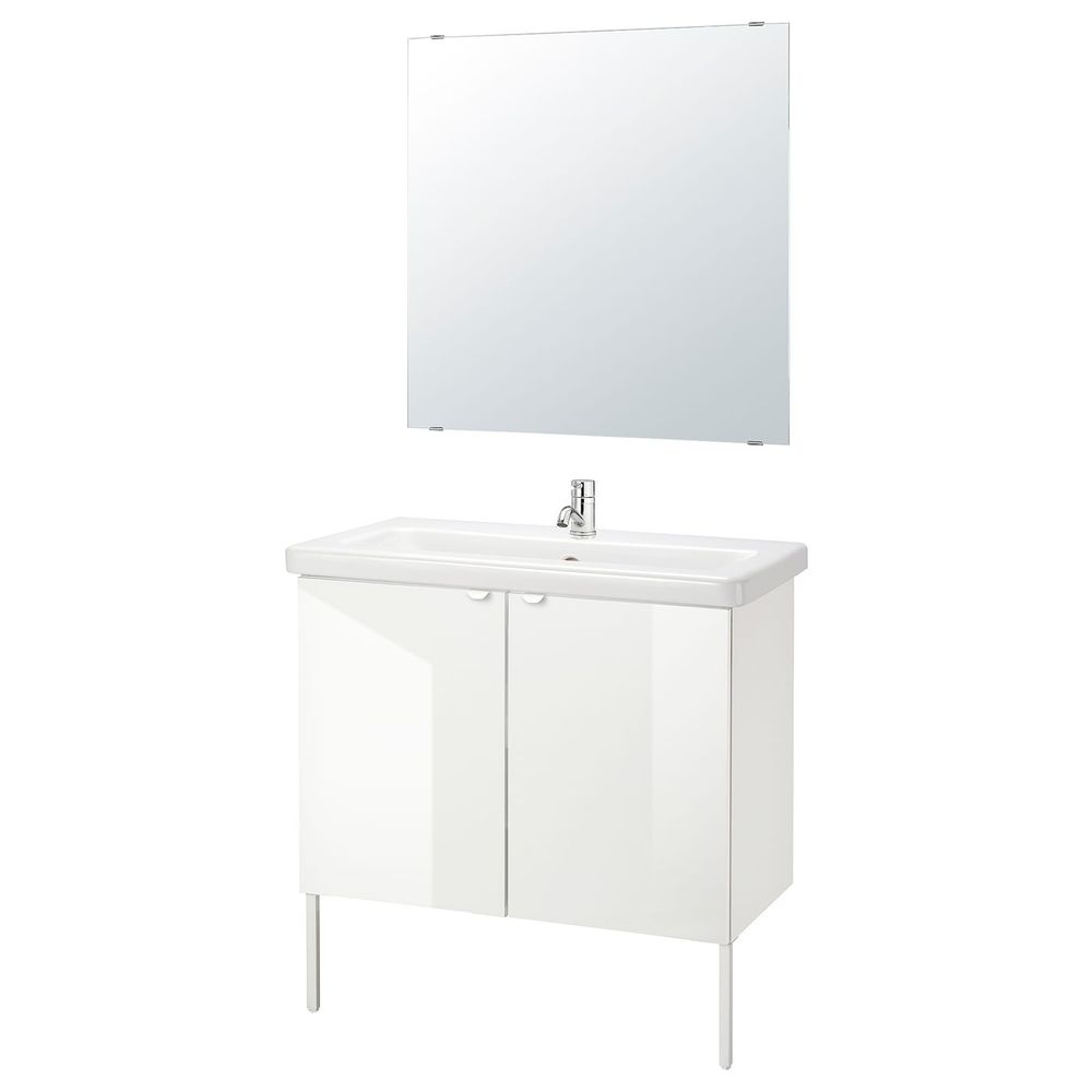 Комплект мебели для ванной,7 предм., глянцевый белый/ПИЛКОН смеситель 84x43x88 см IKEA FISKÅN ФИСКОН / TVÄLLEN ТВЭЛЛЕН - фото 1