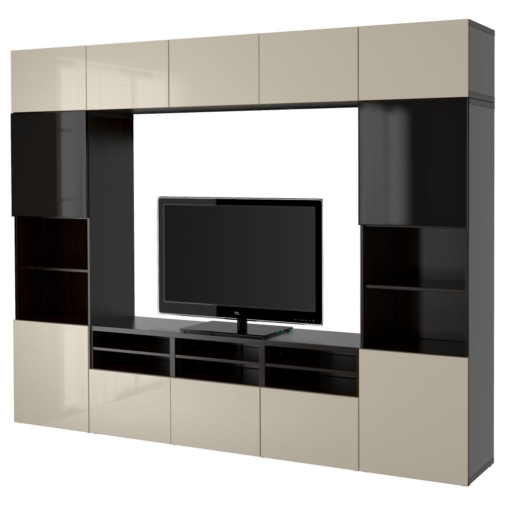 Шкаф для ТВ, комбинированный, стекляные дверцы БЕСТО, черно-коричневый, Сельсвикен глянцевый/бежевый/дымчатое стекло (300x40x230 - фото 1