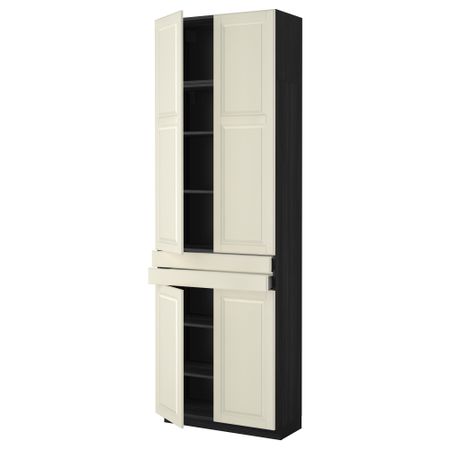 Высокий шкаф + полки, 2 ящика, 4 дверцы МЕТОД / МАКСИМЕРА, черный, Будбин белый с оттенком (80x37x240 см)