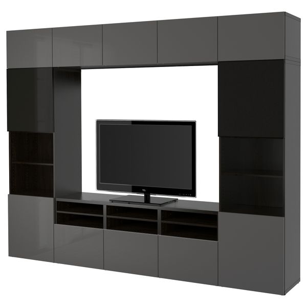 Шкаф для ТВ, комбинированный, стекляные дверцы БЕСТО, черно-коричневый, Сельсвикен глянцевый/серый дымчатое стекло (300x40x230 - фото 1