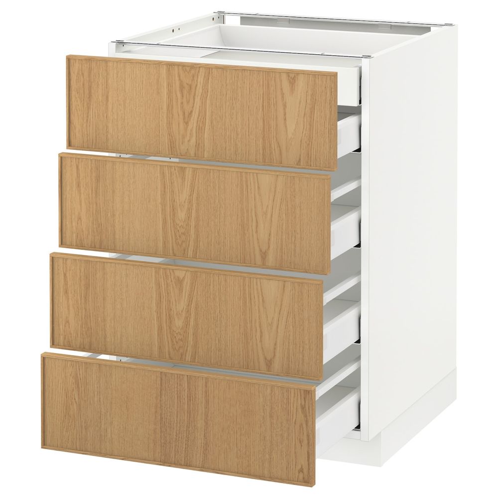 Напольный шкаф 4 фронтальных, 2 низких, 3 средних ящ, белый/Экестад дуб 60x60 см IKEA METOD МЕТОД / MAXIMERA МАКСИМЕРА - схема-чертеж с размерами