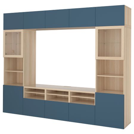 Шкаф для ТВ, комбинированный, стекляные дверцы БЕСТО, под беленый дуб Вальвикен, темно-синий прозрачное стекло (300x40x230 см)