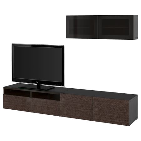 Шкаф для ТВ, комбинированный, стекляные дверцы БЕСТО, черно-коричневый, Сельсвикен глянцевый/коричневый дымчат стекло