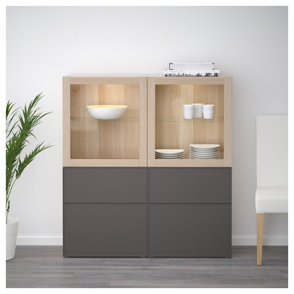 Комбинация для хранения со стеклянными дверцами БЕСТО, под беленый дуб Грундсвикен, темно-серый прозрачное стекло (120x40x128 - фото 2