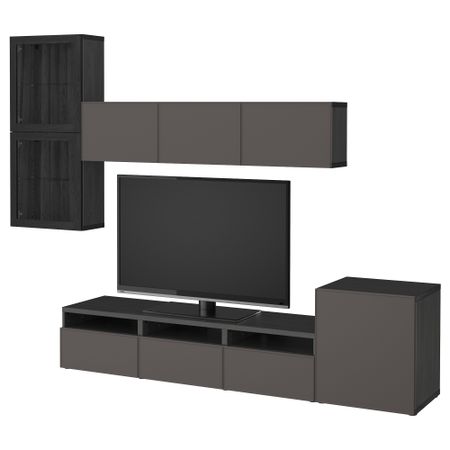 Шкаф для ТВ, комбинированный, стекляные дверцы БЕСТО, черно-коричневый Грундсвикен, темно-серый прозрачное стекло (300x20/40x211