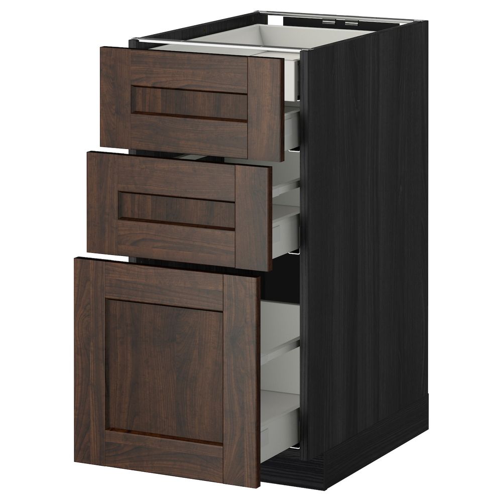 Напольный шкаф 3 фронтальные панели, 2 низких, 1 средний, 1 встроенный ящ, черный/Эдсерум коричневый 40x60 см IKEA МЕТОД / - фото 1