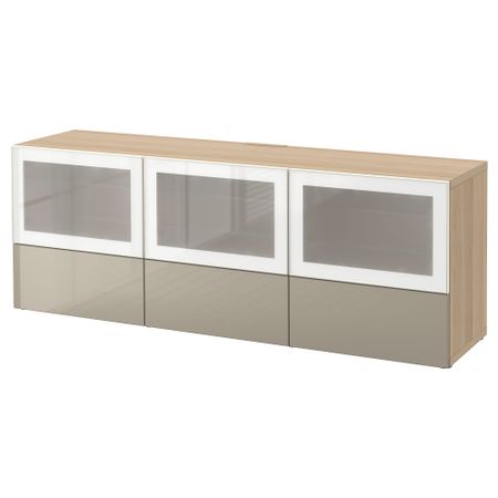 Тумба под ТВ, с дверцами и ящиками БЕСТО, под беленый дуб, Сельсвикен глянцевый/бежевый матовое стекло (180x40x64 см)