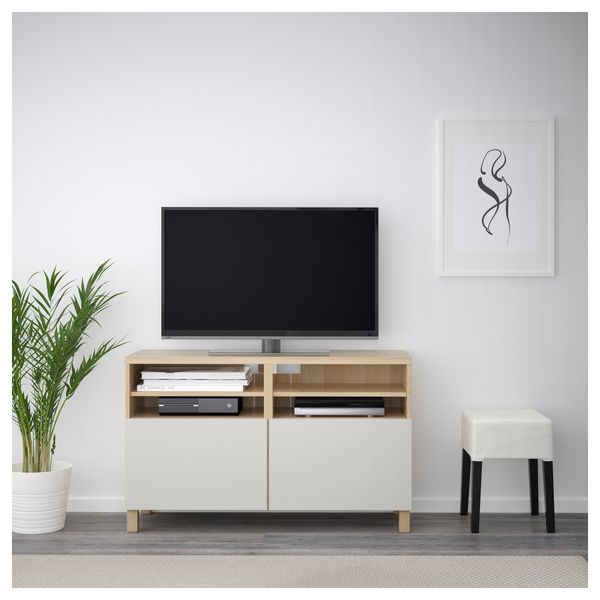 Тумба под ТВ, с дверцами БЕСТО, под беленый дуб, Лаппвикен светло-серый (120x40x74 см) - фото 2