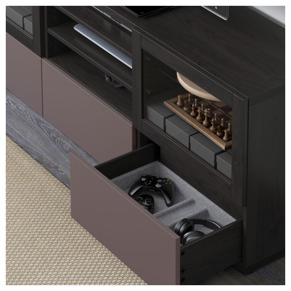 Шкаф для ТВ, комбинированный, стекляные дверцы БЕСТО, черно-коричневый, Вальвикен темно-коричневый, прозрачное стекло - фото 3