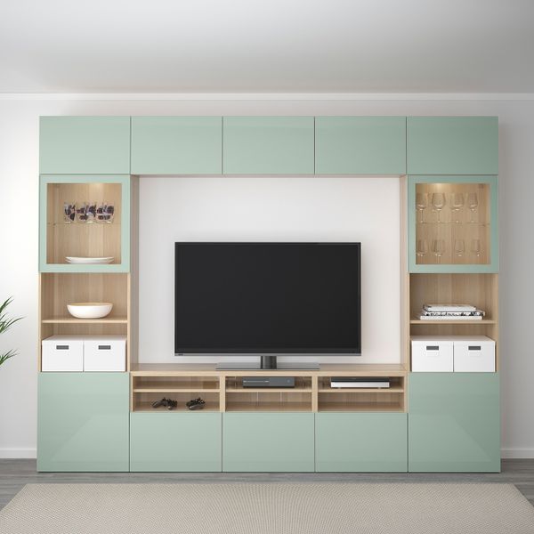 Шкаф для ТВ, комбинированный, стекляные дверцы, под беленый дуб Сельсвикен, глянцевый/серо-зеленый светлый прозрачное стекло, - фото 2