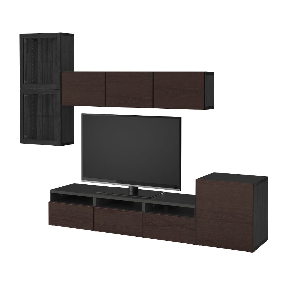 Шкаф для ТВ, комбинированный, стекляные дверцы БЕСТО, черно-коричневый Синдвик, Инвикен черно-коричневый прозрачное стекло - фото 1