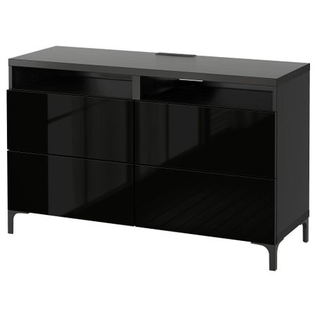 Тумба для ТВ с ящиками БЕСТО, черно-коричневый, Сельсвикен глянцевый/черный (120x40x74 см)