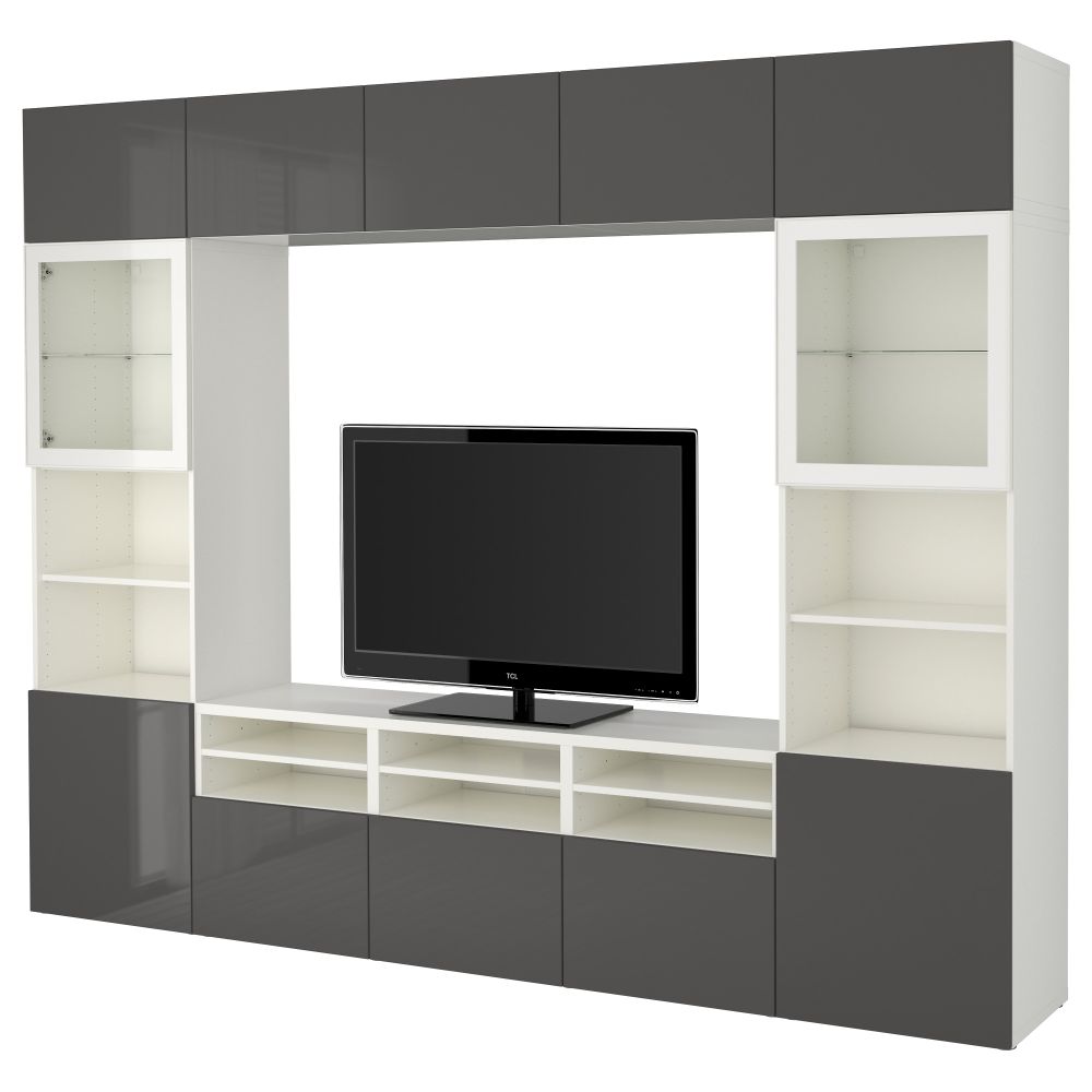 Шкаф для ТВ, комбинированный, стекляные дверцы БЕСТО, белый, Сельсвикен глянцевый/серый прозрачное стекло (300x40x230 см) - фото 1