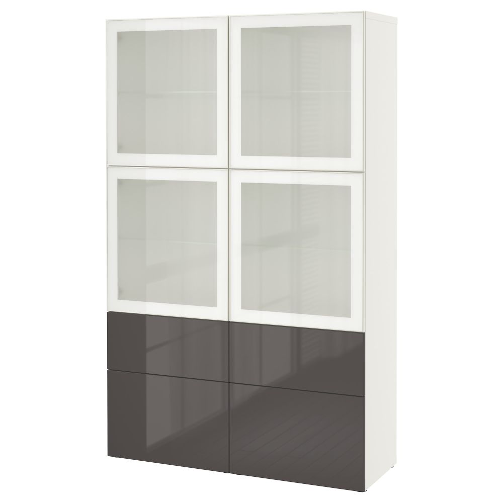 Комбинация для хранения со стеклянными дверцами БЕСТО, белый, Сельсвикен глянцевый/серый матовое стекло (120x40x192 см) - фото 1