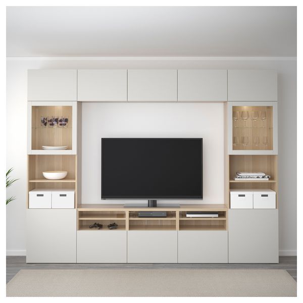 Шкаф для ТВ, комбинированный, стекляные дверцы БЕСТО, под беленый дуб, Лаппвикен светло-серый прозрачное стекло (300x40x230 см) - фото 2