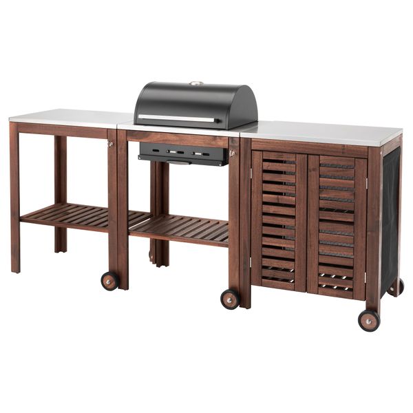 Угольн гриль+тележка/модуль для хранения ЭПЛАРО / КЛАСЕН, коричневая морилка, цвет нержавеющей стали - фото 1