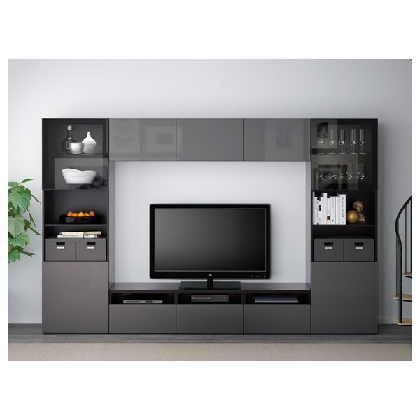 Шкаф для ТВ, комбинированный, стекляные дверцы БЕСТО, черно-коричневый, Сельсвикен глянцевый/серый прозрачное стекло (300x40x192 - фото 2