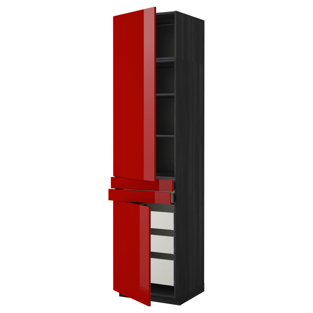Высокий шкаф + полки, 5 ящиков, 2 дверцы, 2 фронтальных МЕТОД / МАКСИМЕРА, черный, Рингульт красный - схема-чертеж с размерами