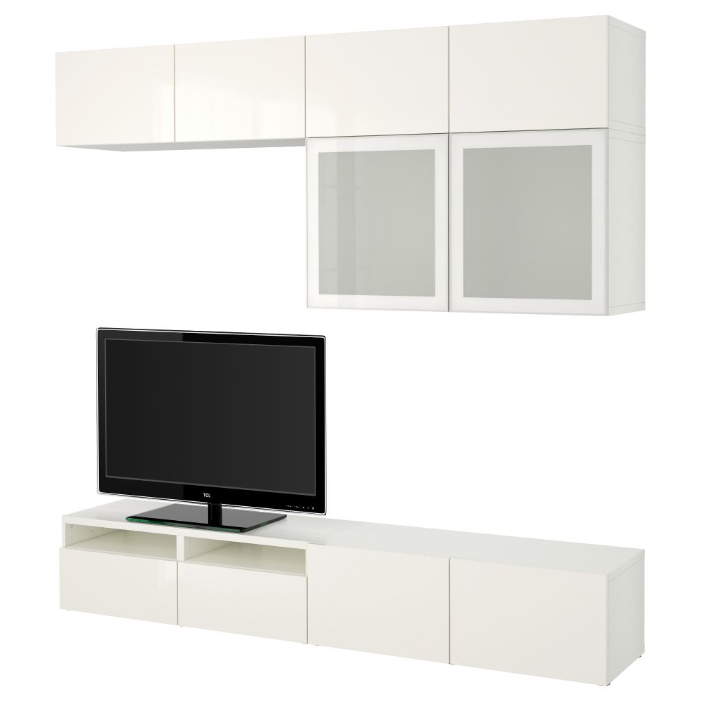 Шкаф для ТВ, комбинированный, стекляные дверцы БЕСТО, белый, Сельсвикен глянцевый/белый матовое стекло (240x40x230 см) - фото 1