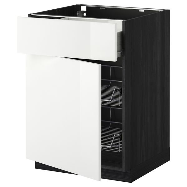 Напольный шкаф с проволочной корзиной, ящиком, дверью МЕТОД / ФОРВАРА, черный, Рингульт белый - схема-чертеж с размерами