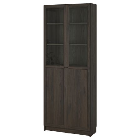 Стеллаж, панельные, стеклянные двери, темно-коричневый под дуб, 80x30x202 см IKEA BILLY БИЛЛИ, OXBERG ОКСБЕРГ 494.833.27