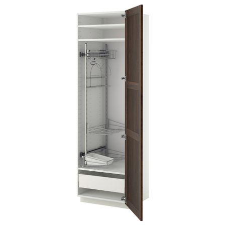 Высокий шкаф с отделением для аксессуаров, для уборки МЕТОД / МАКСИМЕРА, белый, Эдсерум коричневый