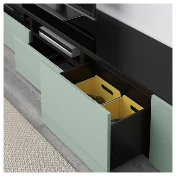 Шкаф для ТВ, комбинированный, стекляные дверцы БЕСТО, черно-коричневый Сельсвикен, глянцевый/серо-зеленый светлый прозрачное - фото 3