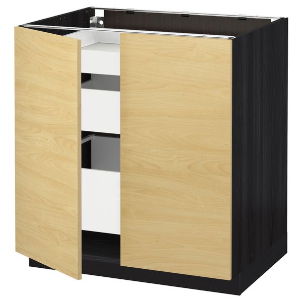 Напольный шкаф с 2 дверцами, 3 ящиками МЕТОД / МАКСИМЕРА, черный, Тингсрид береза (80x60 см) - схема-чертеж с размерами