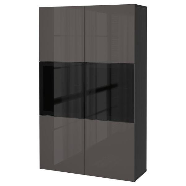 Комбинация для хранения со стеклянными дверцами БЕСТО, черно-коричневый, Сельсвикен глянцевый/серый дымчатое стекло (120x40x192 - фото 1