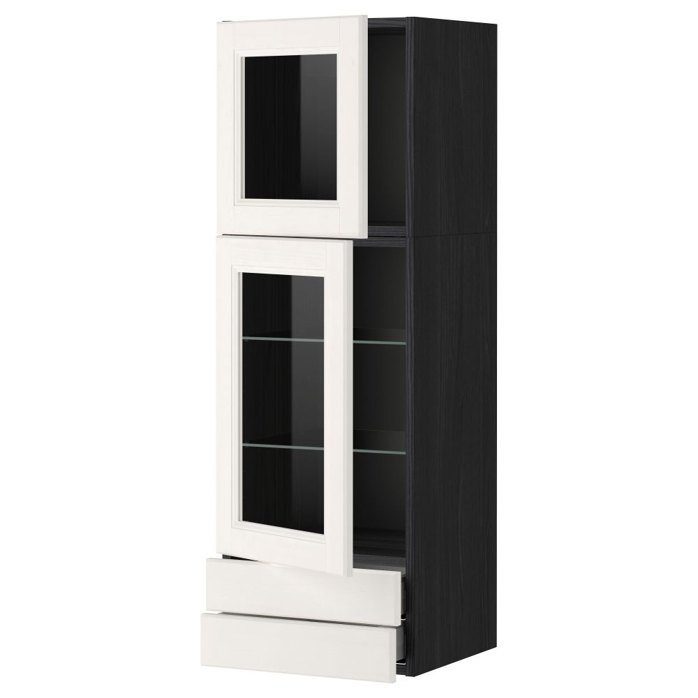 Навесной шкаф, 2 стеклянные дверцы, 2 ящика МЕТОД / МАКСИМЕРА, черный, Лаксарби белый - фото 1