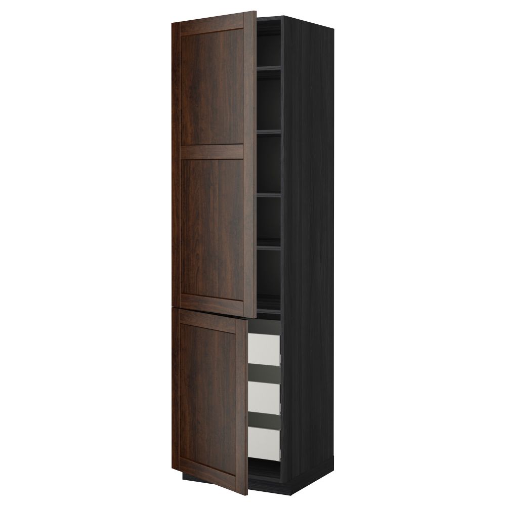 Высокий шкаф + полки, 3 ящика, 2 дверцы МЕТОД / МАКСИМЕРА, черный, Эдсерум коричневый - фото 1