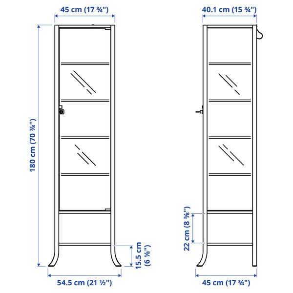 Шкаф-витрина, черный-прозрачное стекло 45x180 см IKEA KLINGSBO КЛИНГСБУ 603.842.22 - схема-чертеж с размерами