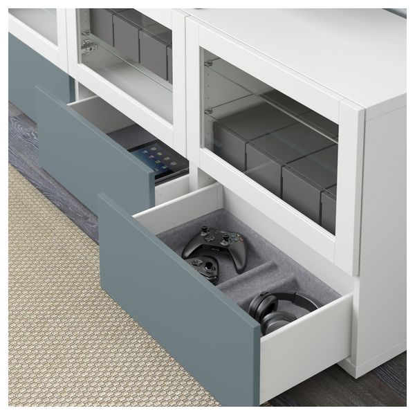 Тумба под ТВ, с дверцами и ящиками БЕСТО, белый, Вальвикен серо-бирюзовый, прозрачное стекло (180x40x64 см) - фото 4
