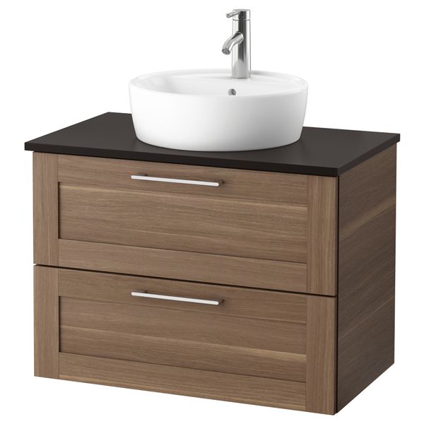 Шкаф под раковину/столешница 45/раковина ГОДМОРГОН/ТОЛКЕН / ТОРНВИКЕН, под грецкий орех, антрацит (82x49x74 см) - фото 1