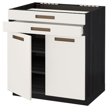 Напольный шкаф для варочной панели, 2 ящика, 2 фасада, 1 ящик МЕТОД / МАКСИМЕРА, черный, Мэрста белый (80x60 см)