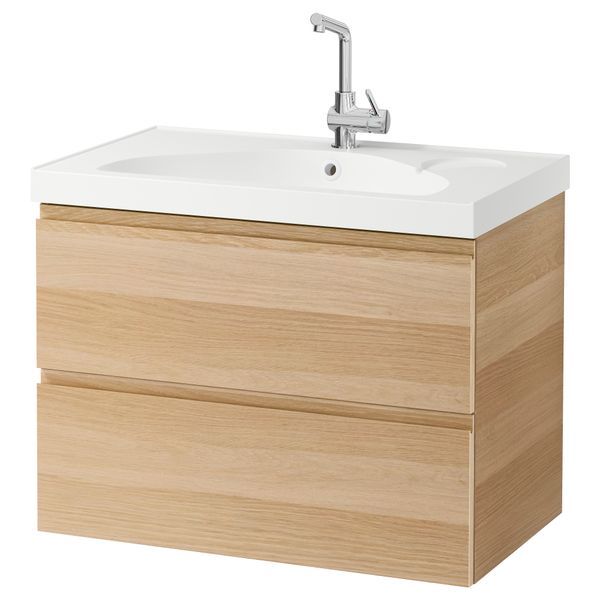 Шкаф для раковины с 2 ящиками ГОДМОРГОН / ЭДЕБОВИКЕН, под беленый дуб (80x49x64 см) - фото 1