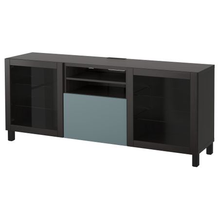 Тумба для ТВ с ящиками БЕСТО, черно-коричневый, Вальвикен серо-бирюзовый, прозрачное стекло (180x40x74 см)