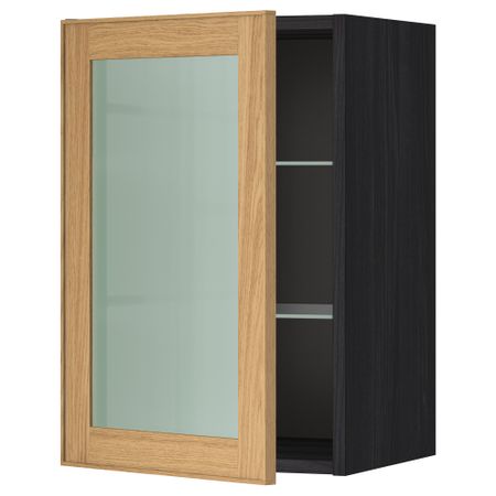 Навесной шкаф с полками, стекляными дверцы МЕТОД, черный, Экестад дуб