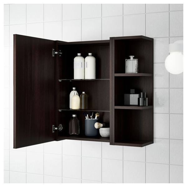 Шкафчик зеркальный с 1 дверцей, 2 открытыми полки ЛИЛЛОНГЕН, черно-коричневый (80x21x64 см) - схема-чертеж с размерами