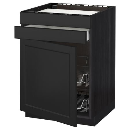Напольный шкаф для варочной панели, ящик, 2 проволочных корзины МЕТОД / МАКСИМЕРА, черный, Лаксарби черно-коричневый (60x60 см)