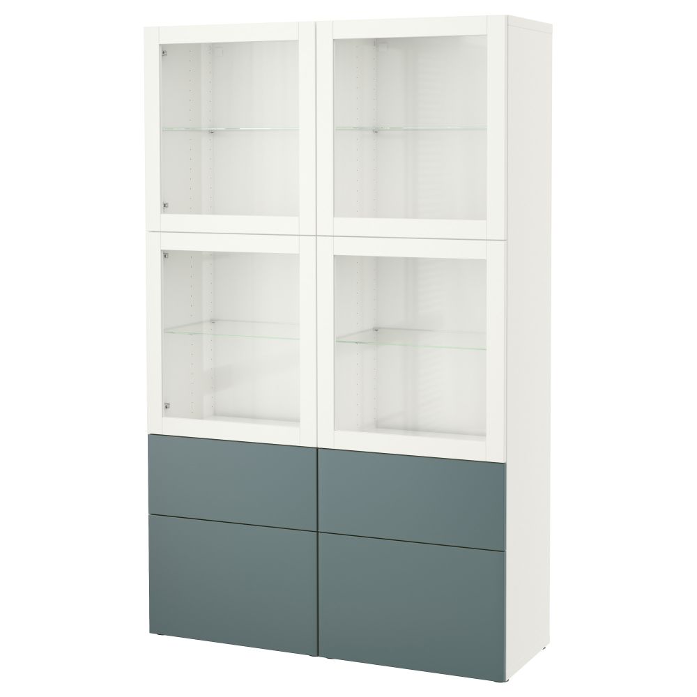 Комбинация для хранения со стеклянными дверцами БЕСТО, белый, Вальвикен серо-бирюзовый, прозрачное стекло (120x40x192 см) - фото 1