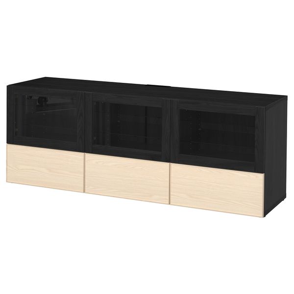 Тумба под ТВ, с дверцами и ящиками БЕСТО, черно-коричневый Инвикен, ясеневый шпон прозрачное стекло (180x40x64 см) - фото 1