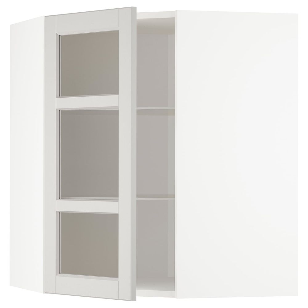 Угловой навесной шкаф с полками, стекляными дв, белый/Лерхюттан светло-серый 68x80 см IKEA METOD МЕТОД 692.727.72 - фото 1