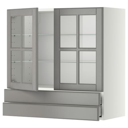 Навесной шкаф, 2 стеклянные дверцы, 2 ящика МЕТОД / МАКСИМЕРА, белый, Будбин серый