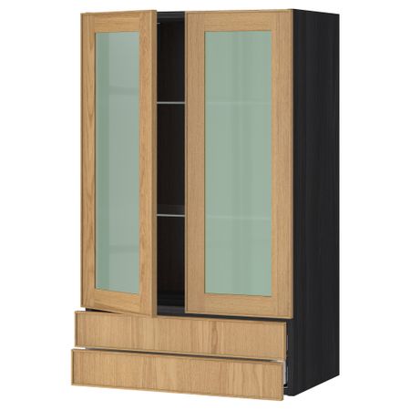 Навесной шкаф, 2 стеклянные дверцы, 2 ящика МЕТОД / МАКСИМЕРА, черный, Экестад дуб