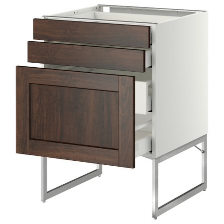 Напольный шкаф 3 фронтальных панели, 2 нижних, 2 средних ящика МЕТОД / МАКСИМЕРА, белый, Эдсерум коричневый