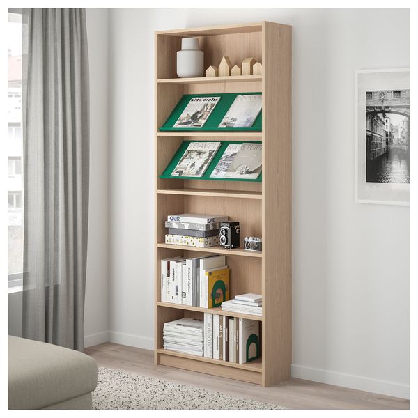 Стеллаж с наклонной полкой БИЛЛИ / БОТТНА, дубовый шпон, беленый, зеленый (80x28x202 см) - фото 2